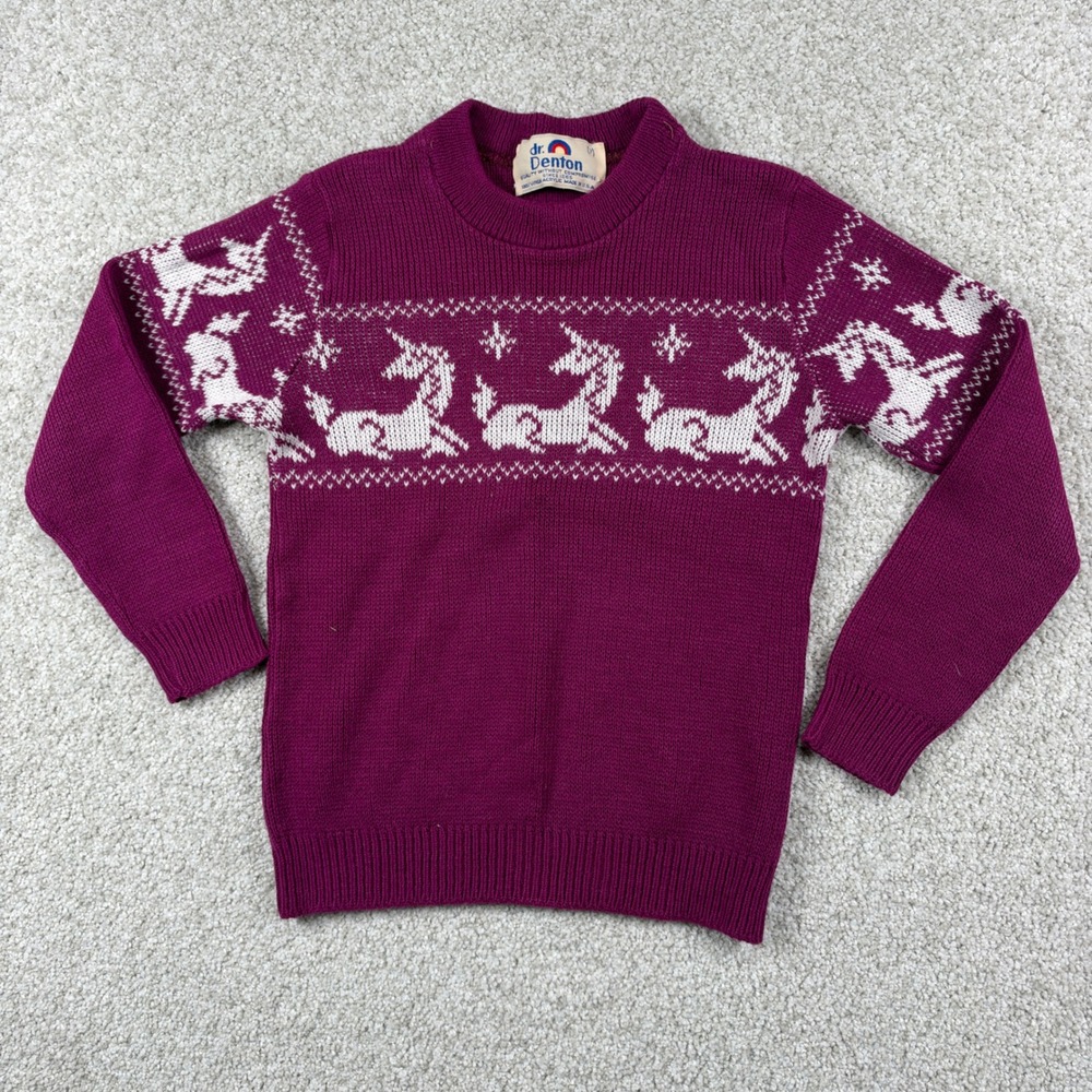 Dr. Denton Sweater Kids 7 Purple Unicorn Fair Isle Knit Vintage Made in USA